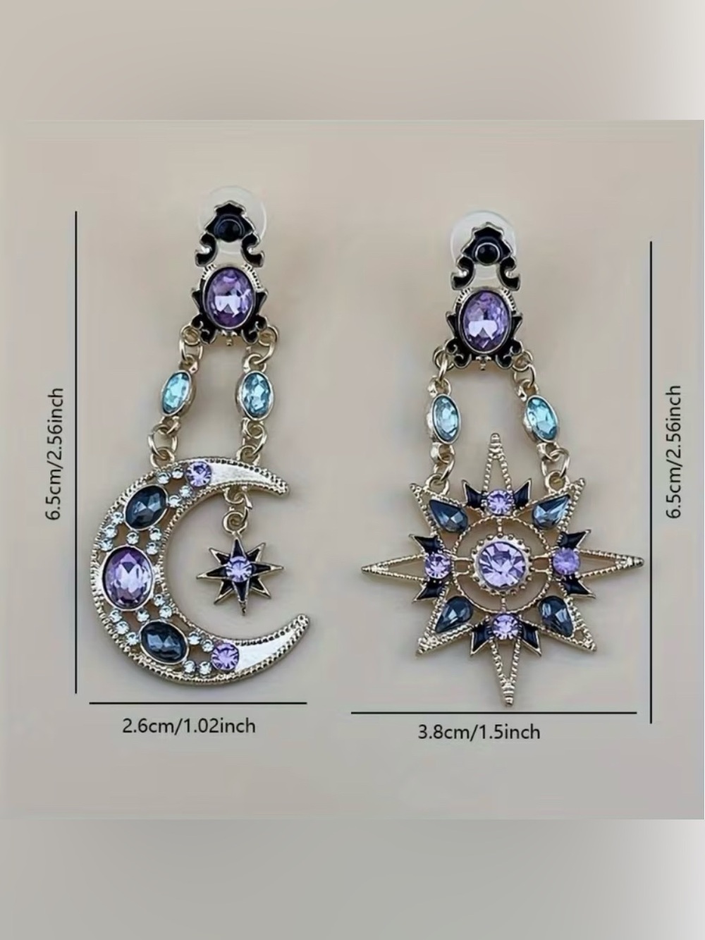 Bohemian Stainless Steel Asymmetrical Sun & Moon Dangle Earrings - Picture 5 of 7